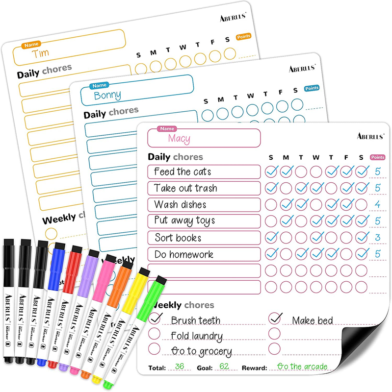 Magnetic Chore Chart, 3 Pcs Dry Erase Behavior Charts & 10 Markers for Kids Dail