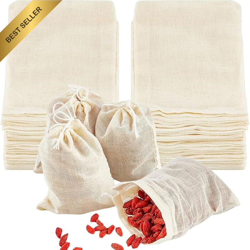 50 Pack Reusable Tea Bags, Natural Unbleached Cotton Cheesecloth Bags for Strain
