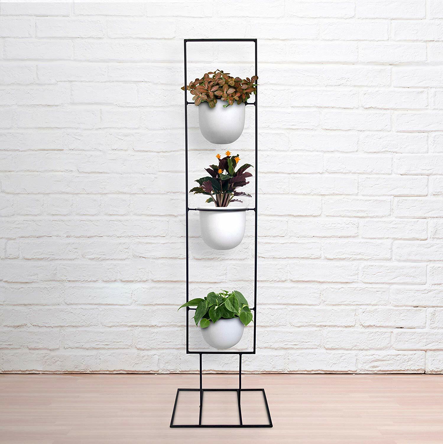 Indoor Metal Vertical Plant Stand with 3 White Ceramic Pots | Iron Flower Pot Ho