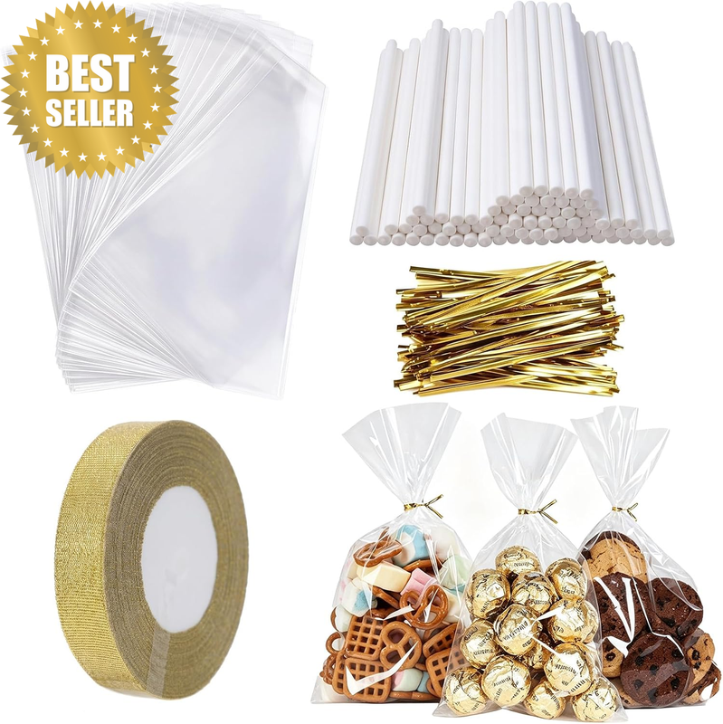 100Pcs Clear Treat Bags Set, Candy Snack Packaging Bags for Party Favors
