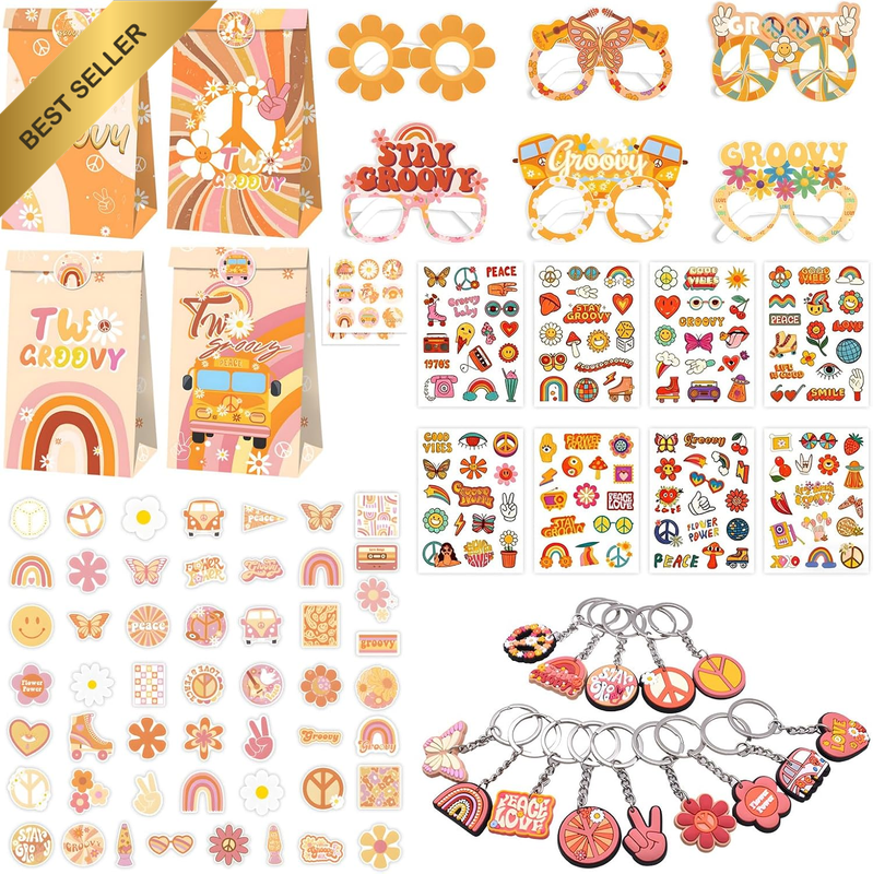 104PCS Hippie Party Gifts Set, Retro Groovy Party Favors Set with Stickers, Gift