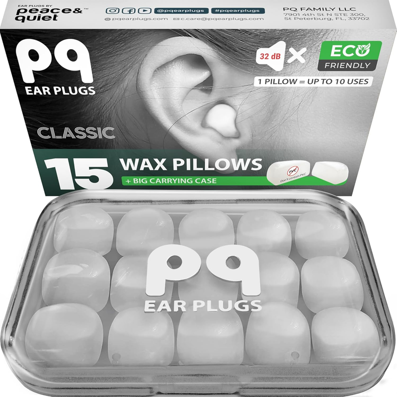PQ Wax Ear Plugs for Sleeping & Swimming 15-Pack Soft Silicone Noise Cancelling 