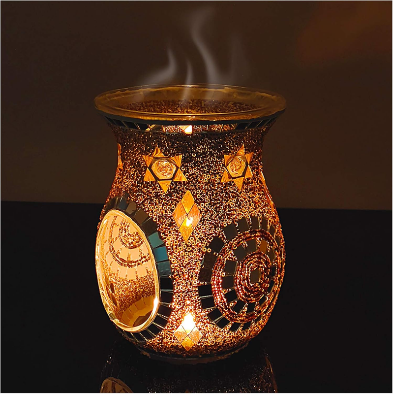 Essential Oil Burner, Incense Aromatherapy Oil Diffuser, Fragrance Warmer, Mosaic Glass Tealight Candle Holder Burners for Home Room Decor, Orange, 5.5