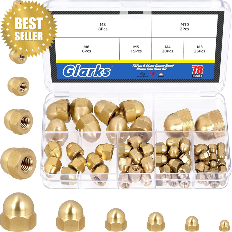 78Pcs M3/M4/M5/M6/M8/M10 Brass Acorn Cap Nuts Kit, Hex Dome Nuts, Acorn Hex Cap
