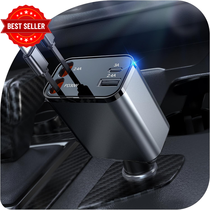 69W Retractable Car Charger, Fast Car Phone Charger with 2.6Ft Retractable Cable