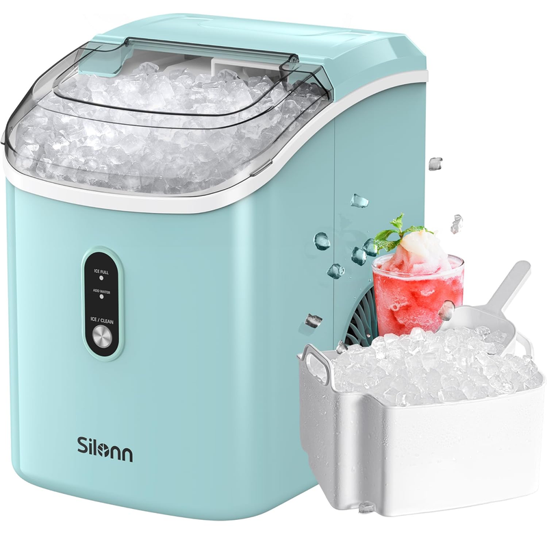 Nugget Ice Maker Countertop,  Chewable Pellet Ice Machine with Self Cleaning Function, Pebble Portable Ice Maker with Ice Scoop for Home Kitchen Office, Green
