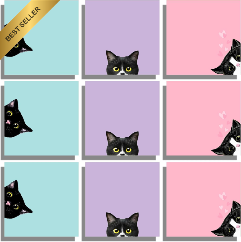 9 Pads Black Cat Sticky Notes 3x3 Pink Super Adhesive Cat Lover Gift