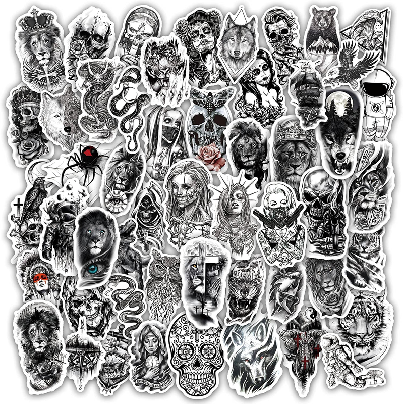 52 PCS Skull Gangster Waterproof Water Bottle Stickers for Adults Teens, Black A