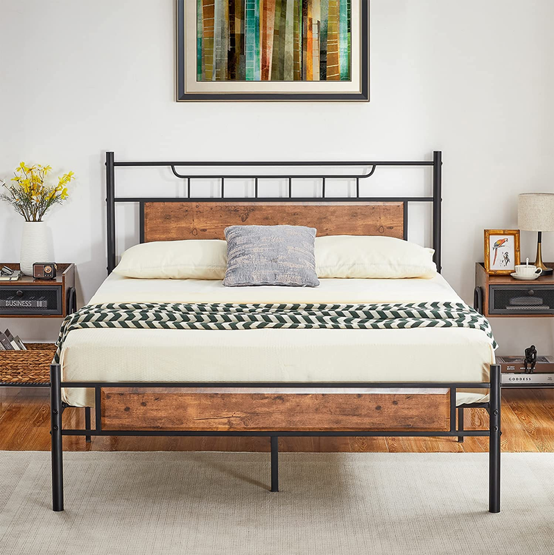 With Wooden Headboard, Metal Platform Bed Frame With Footbo