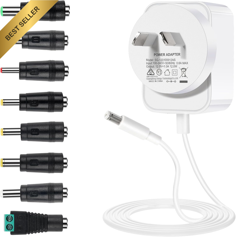 Power Supply Adapter – Universal 12V 1A AC to DC Adapter with 8 Convert Plugs, S