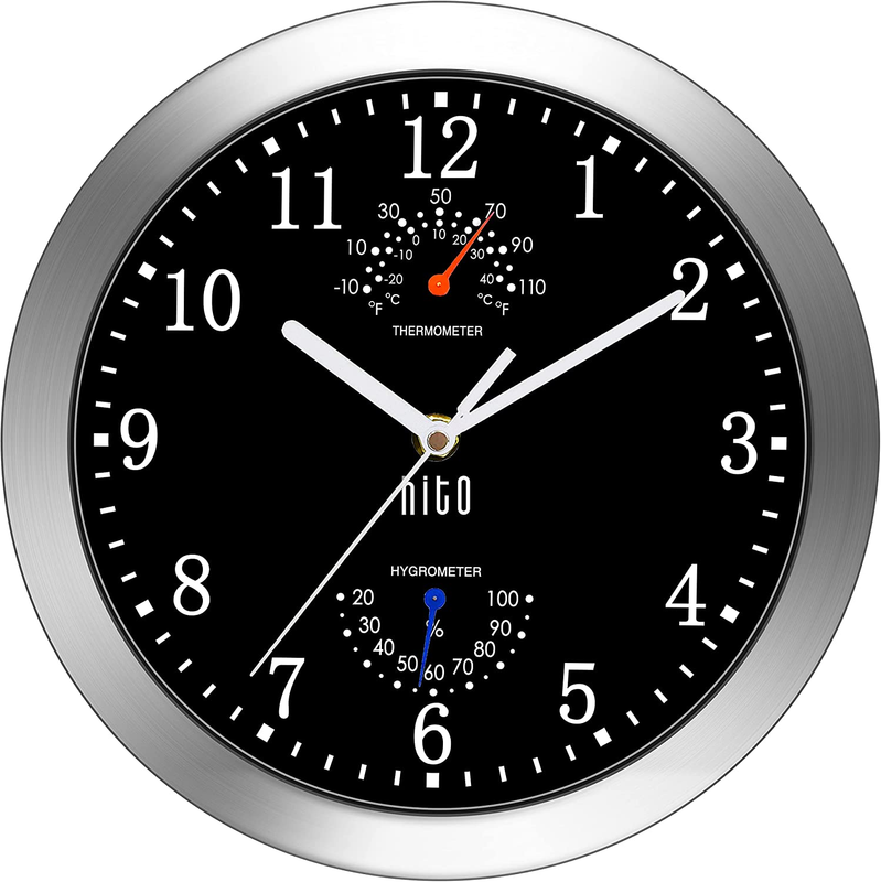 HITO 10 Inch Silent Wall Clock Battery Operated Non Ticking Glass Cover Silver A