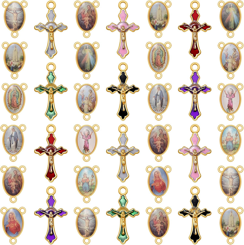 60Pcs/30Set Rosary Making Kits Supplies Religion Cross and Center Medal Charms A