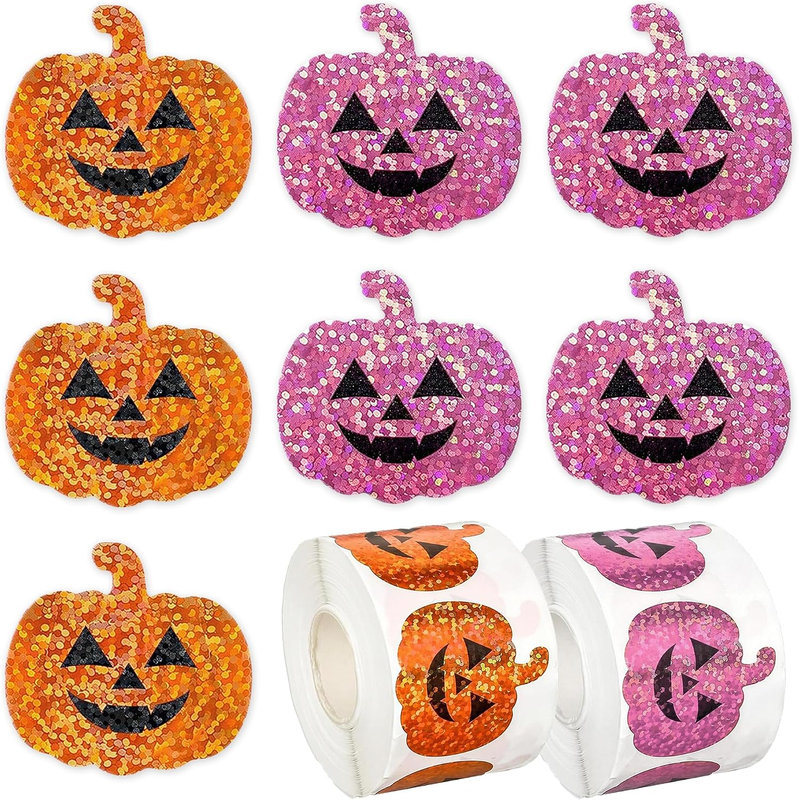 1000Pcs Halloween Pumpkin Stickers Roll, Orange & Purple, 1.2 Inch