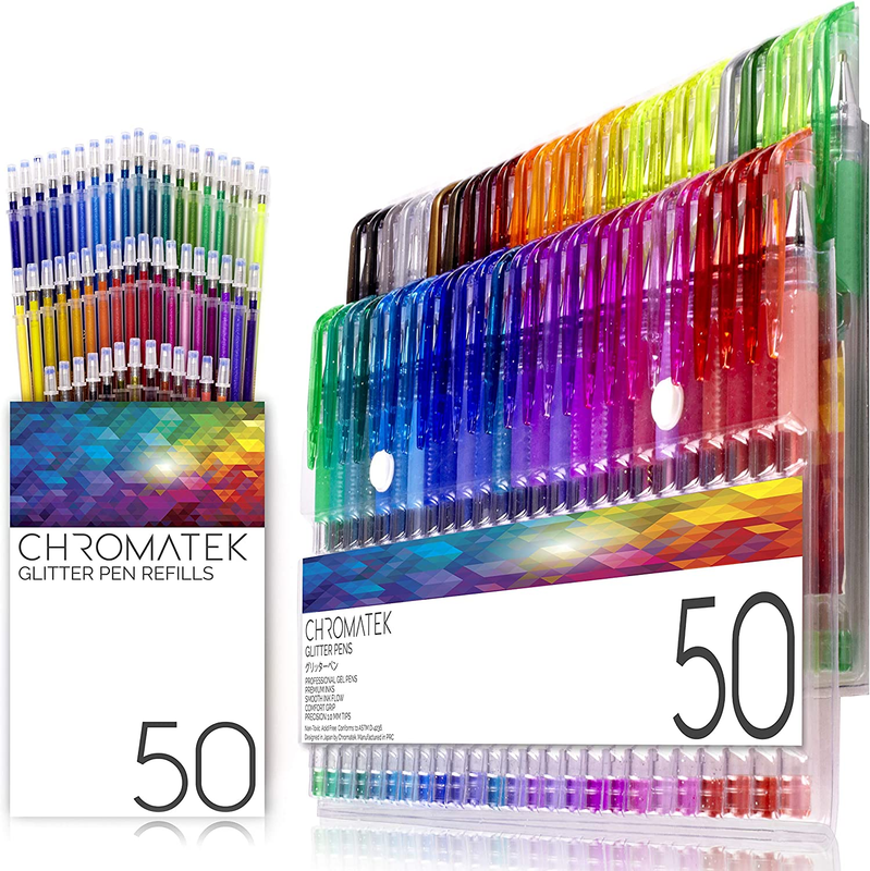 Chromatek Glitter Pens 100 Set Best Colors. 200% the Ink: 50 Gel Pens, 50 Refill