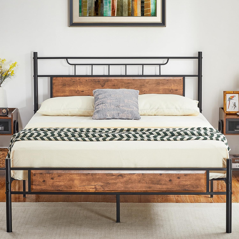 With Wooden Headboard, Metal Platform Bed Frame With Footbo