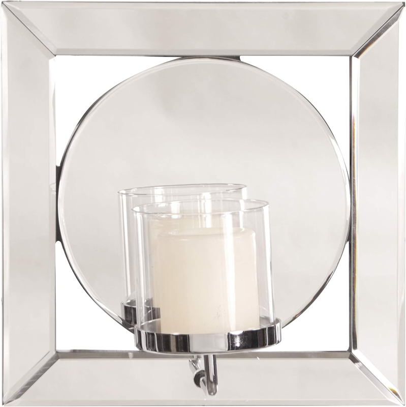 Lula Square Hanging Accent Wall Mirror with Chrome Pedestal Candle Holder, Elega