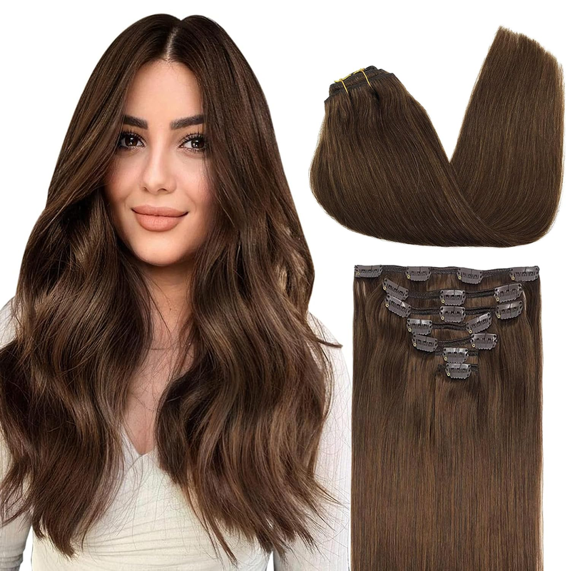 GOO GOO Clip-In Echthaar Extensions 35 cm 120 g 7-teilig 4A Schokobraun