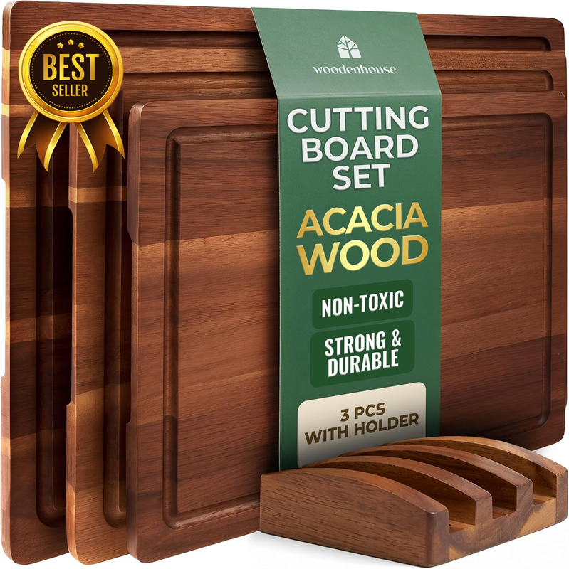 Acacia Wood Cutting Board Set of 3 with Holder, Juice Grooves & Handles
