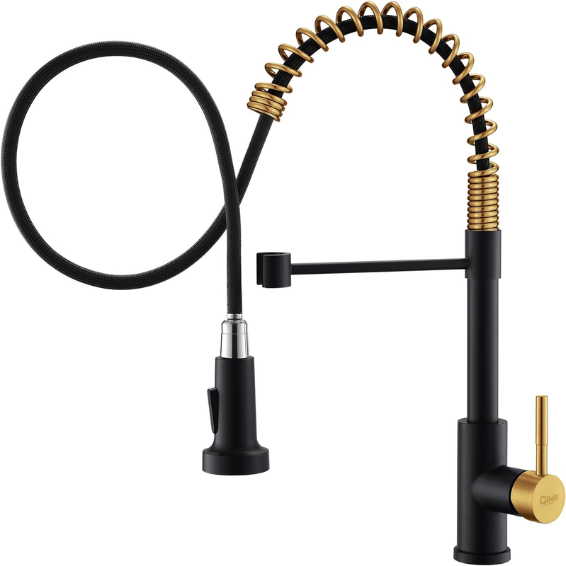 Black and Gold Kitchen Faucet with Pull down Sprayer, Single Handle Spring Kitch