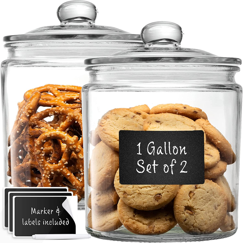 Set of 2 Glass Cookie Jars + Labels & Marker - 1 Gallon Canister Sets for Kitche