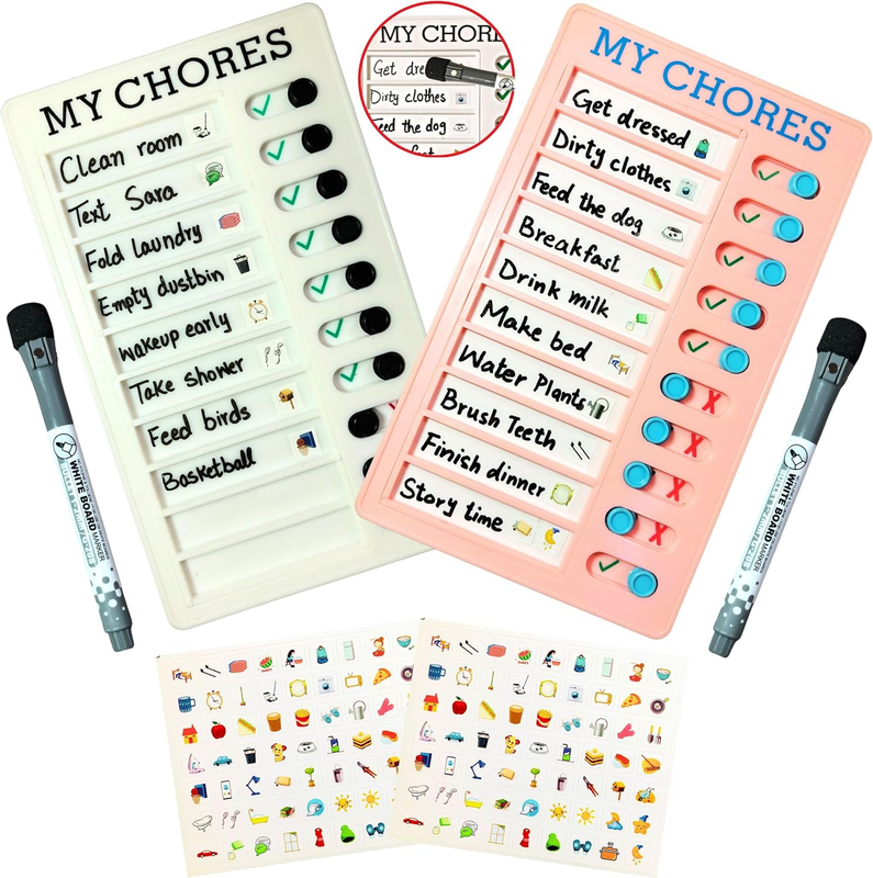 2 Pcs Dry-Erase Chore Chart for Kids Multiple Kids with 2-Erasable Markers and 1