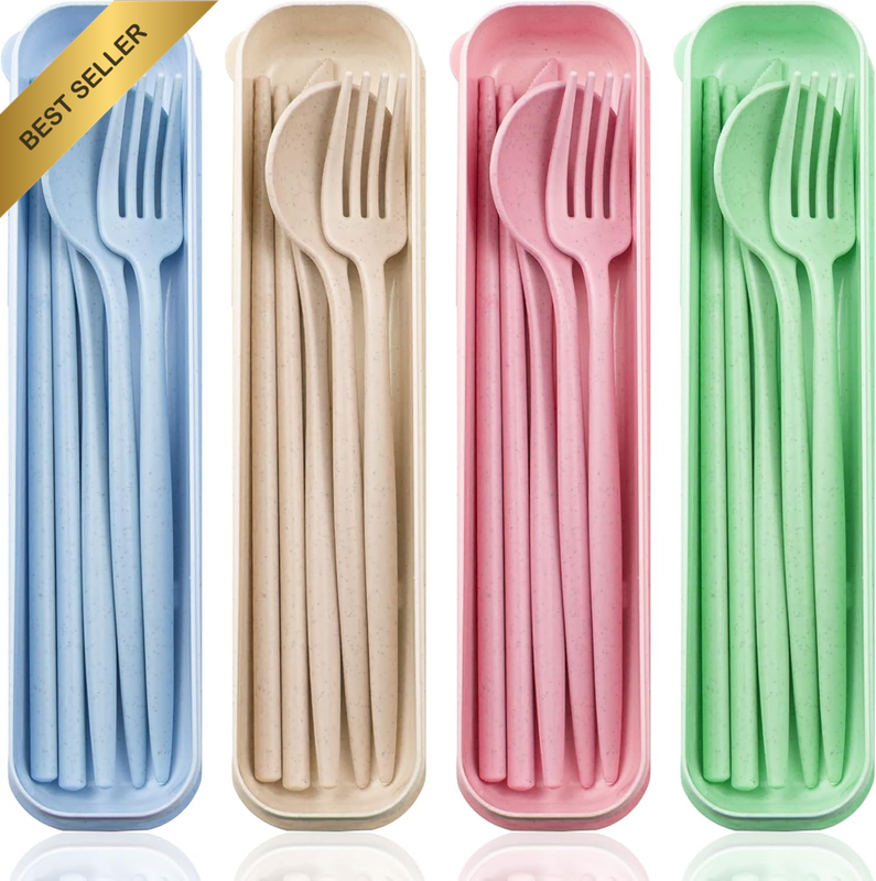 Reusable Travel Utensils Set with Case, 4 Sets, Camping Cutlery for Lunch Picnic