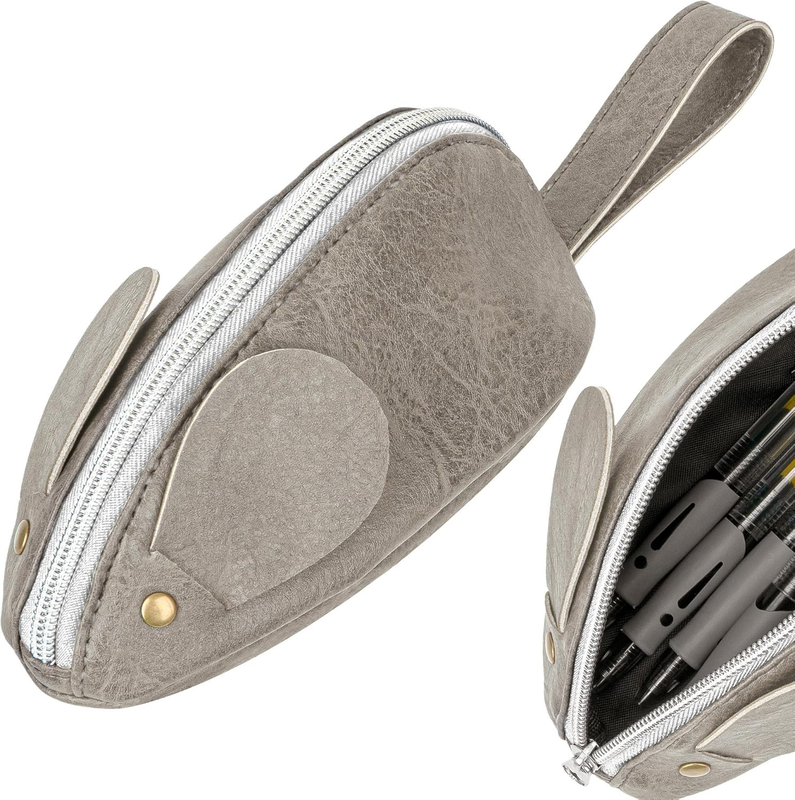 Custom Mouse Pencil Case, PU Leather Zipper Pen Pouch with Wrist Strap Tail, Gra