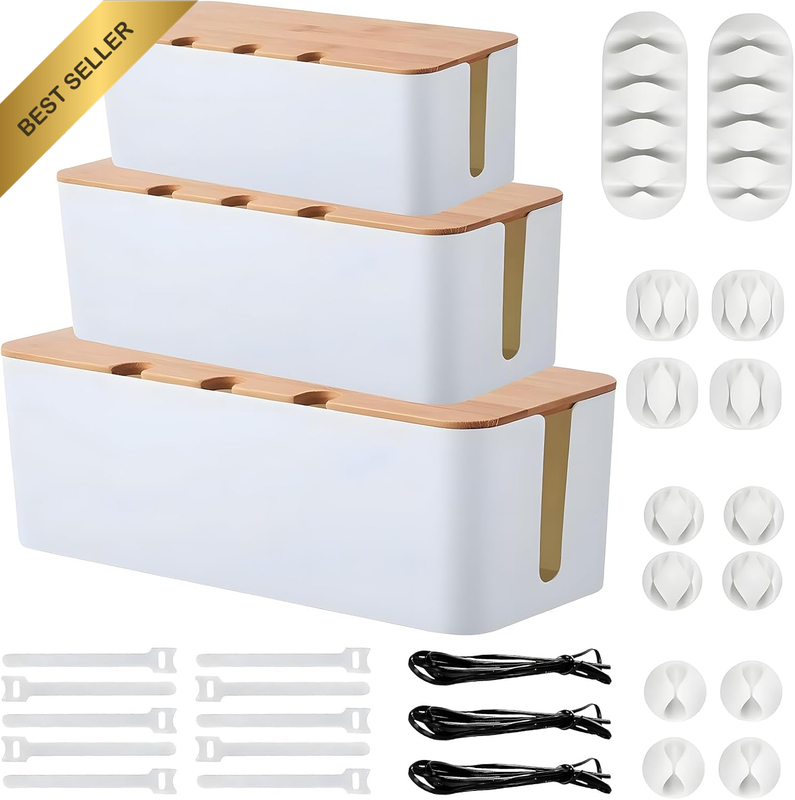 3 Pcs Cable Management Box with Bamboo Lid, Safe Cord Organizer Box with 20 Cabl