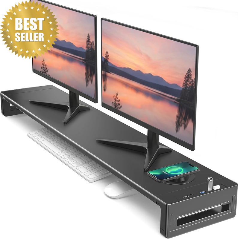 Dual Monitor Stand Riser, Double Monitor Stand with Wireless Charger, 1 USB 3.0