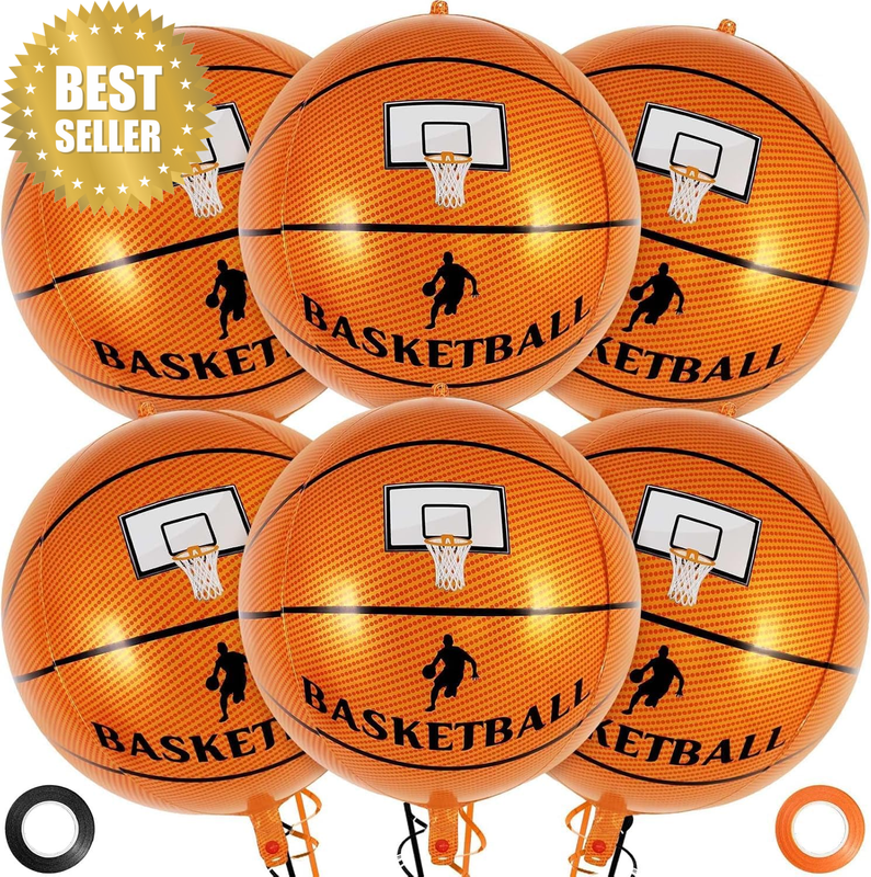 6 PCS Basketball Balloons, 22 Inch Foil Mylar Basketball Balloon Large round Sph