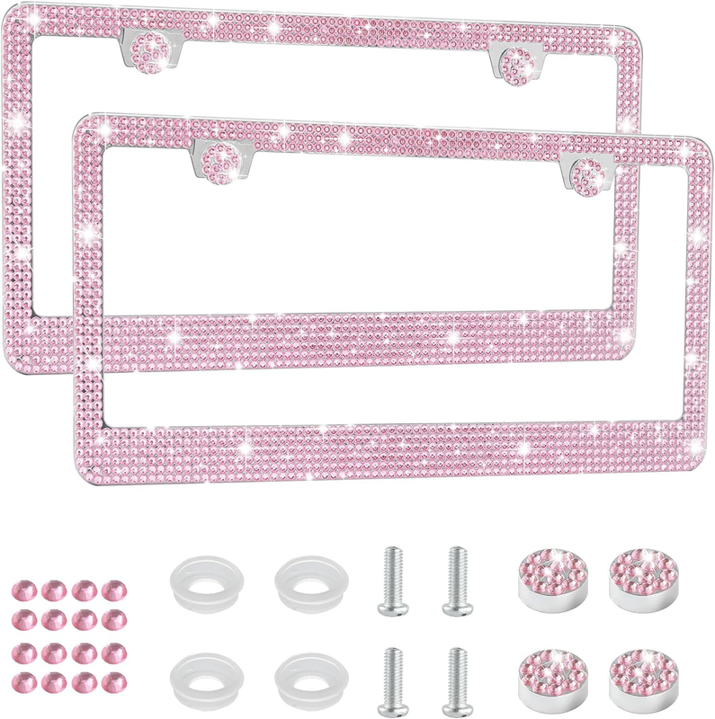 Bling License Plate Frame for Women, 2Pack Rhinestone Handcrafted Crystal Premium Stainless Steel, Stainless Steel Car Accessories with Diamond Sparkle Glitter Caps (Pink)