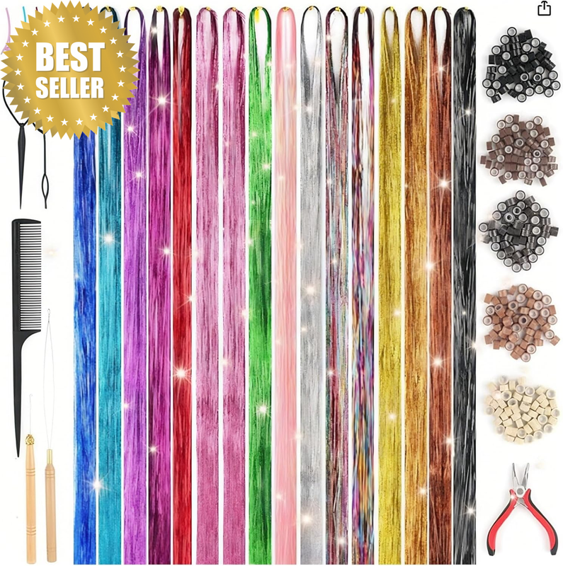 Hair Tinsel Kit for Girls - 16 Colors 3200 Strands Heat Resistant Clip-In Fairy
