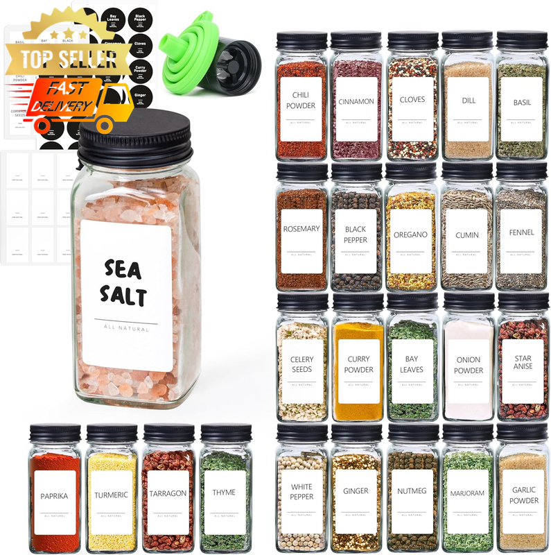 24 Pcs 4Oz Spice Jars Glass w/ Lids & 93 Labels - Seasoning Bottles Set