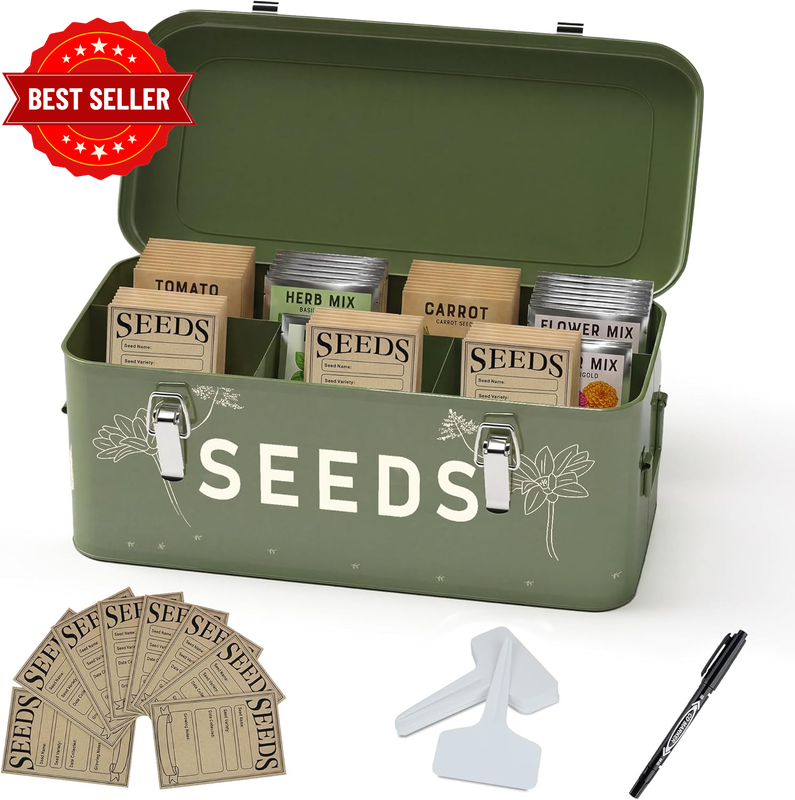 Metal Seed Storage Organizer, 4 Compartments, Vintage Dark Green