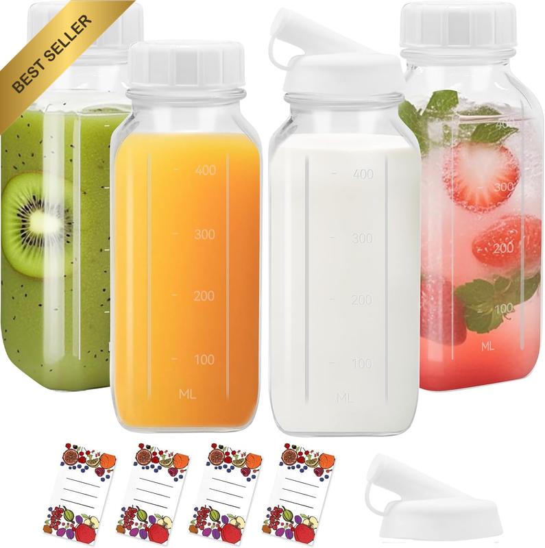 4 Pack 16Oz Glass Juice Bottles with Lids Scale Silicone Spout Reusable