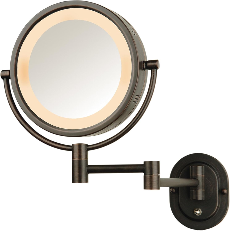 Wall-Mounted Bronze Makeup Mirror with LED Lighting – 5X-1X Magnification & 14” Extension – Plug-In Power Cord - Model HL65BZ
