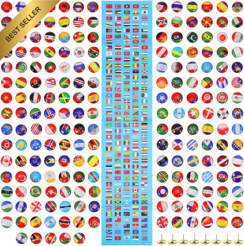 200 Pcs National Flag Thumbtacks Steel Push Pins for Map Bulletin Board Office U