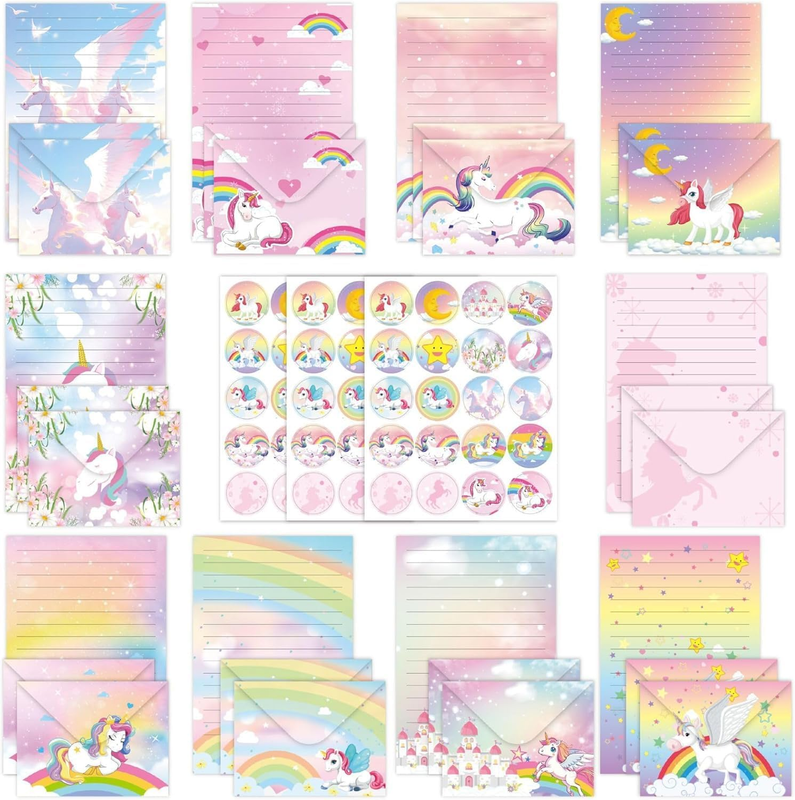 160 Pcs Rainbow Unicorn Stationery Paper Writing Papers Matching Envelopes Set w