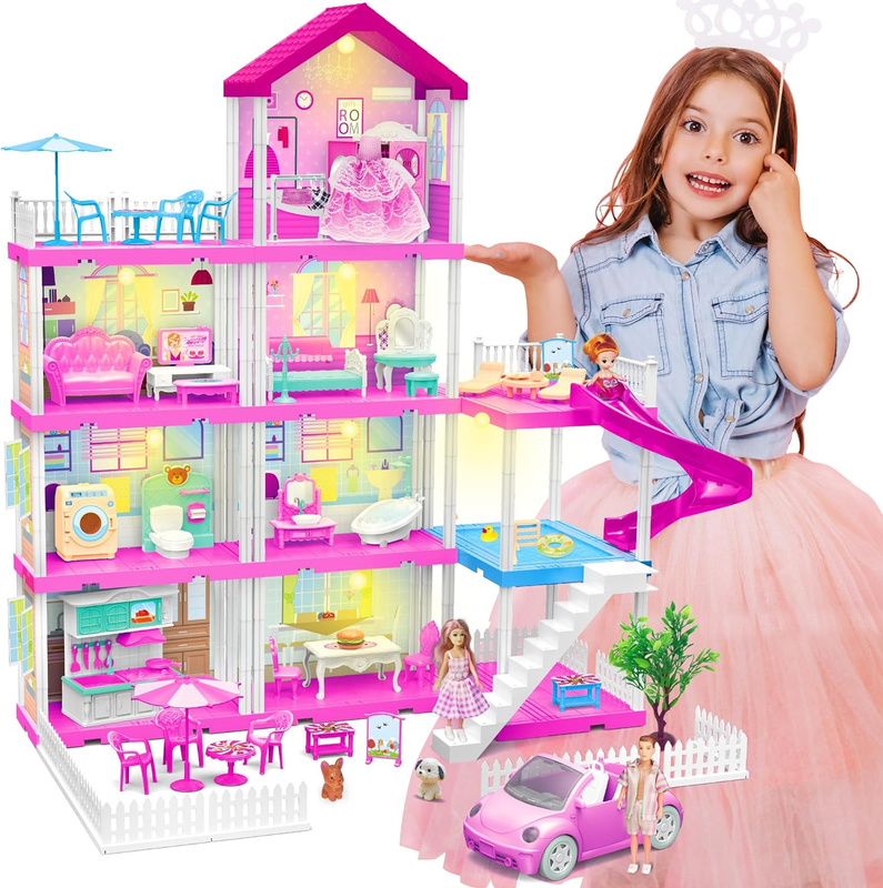 Doll Houses for Girls, Dream Doll House with LED for 7-8 Year Old, 4-Story 7 Roo
