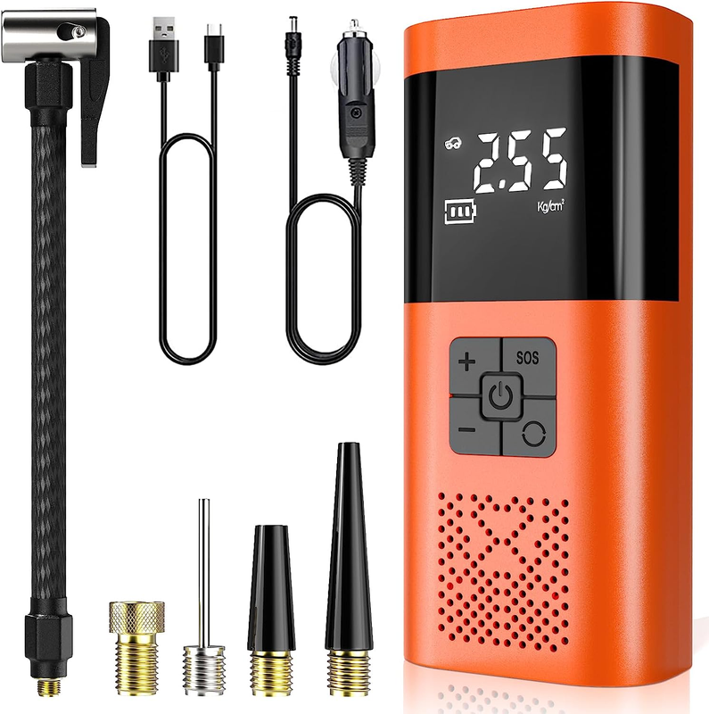 Portable Air Compressor, 6.0Ah Rechargeable Tyre Inflator with USB/LED Light, 15