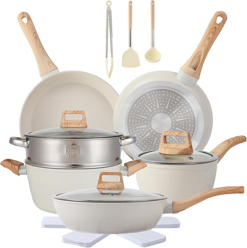 16PCS Pots and Pans Set Non Stick Cookware Set Nonstick with Cooking Set (White, 16Pieces)