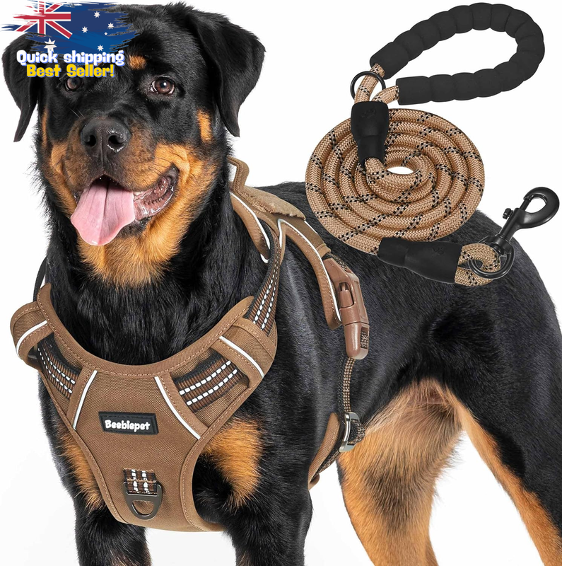 Heavy Duty Tactical Dog Harness Large, Brown, No Pull Adjustable Reflective Vest