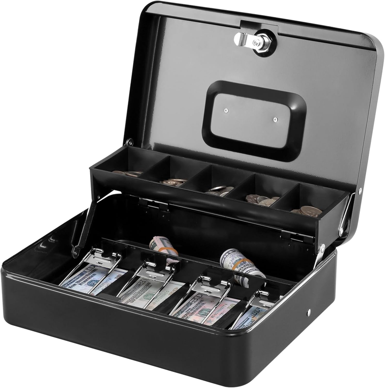XL Locking Cash Box Key Lock Money Box w/ Tray 4 Bill 5 Coin S...