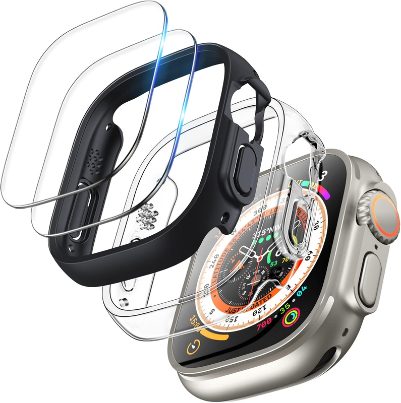 TOCOL 2+2 Stück Hülle Für Apple Watch Ultra 3, Ultra 2, Ultra 49Mm, 2 Stück Iwatch Ultra Case Mit 2 Stück Displayschutzglas, 9H HD Bläschenfrei Stoßfest Kratzfest, Schwarz/Transparent