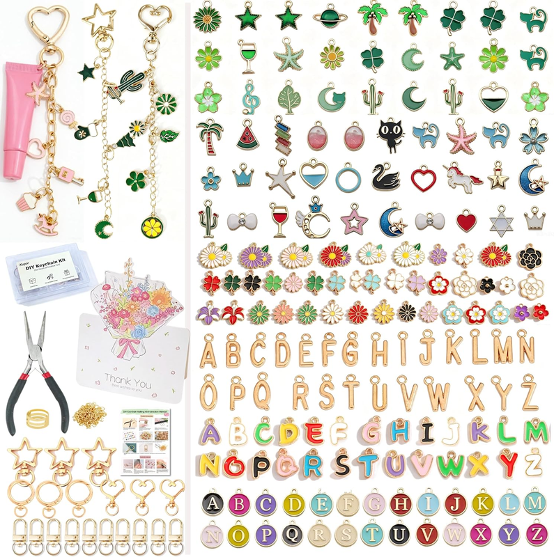 DIY Keychain Making Kit Enamel Charms Alphabet Letter Beads Beginner Craft Gift