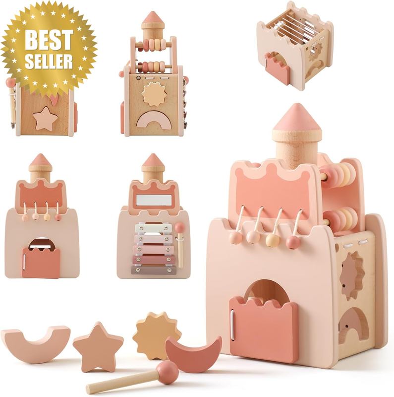 Wooden Baby Activity Cube for Toddlers 1-3,5 in 1 Castle Shape Sorter Bead Maze