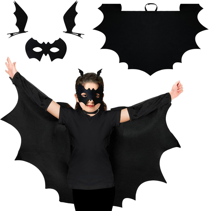 Fledermaus Kostüm Kinder, Fledermaus Umhang Kinder Schwarz Mit Haarreif Und Maske, Fledermausflügel Kinder Mädchen, Haarspangen 3PS Für Halloween Cosplay Party Für Kinder (4-10)