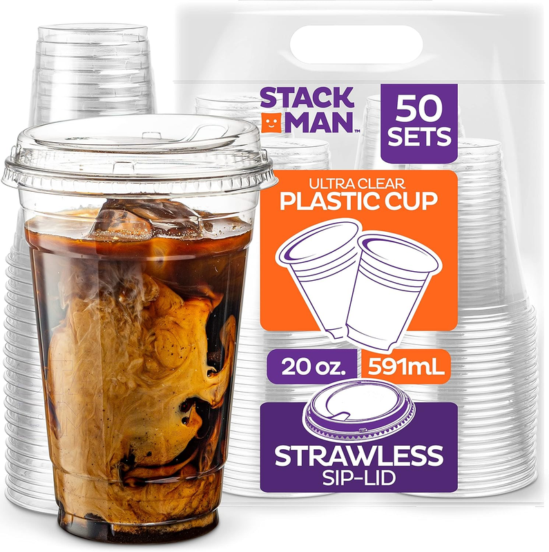 Clear Plastic Cups With Strawless Sip-lids [50 Sets] Pet Crystal Clear Dis
