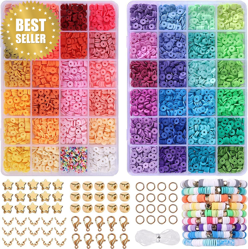5000Pcs Clay Beads Bracelet Making Kit, 48 Colors Heishi Flat Preppy Polymer Cla