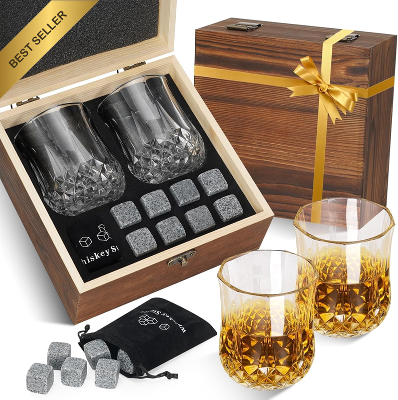 Whiskey Stones & Glasses Gift Set for Men in a Wooden Box